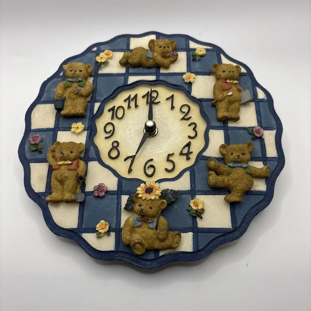 Vintage Resin Teddy Bear Kids Nursery Wall Hanging Clock Blue Check Not Working